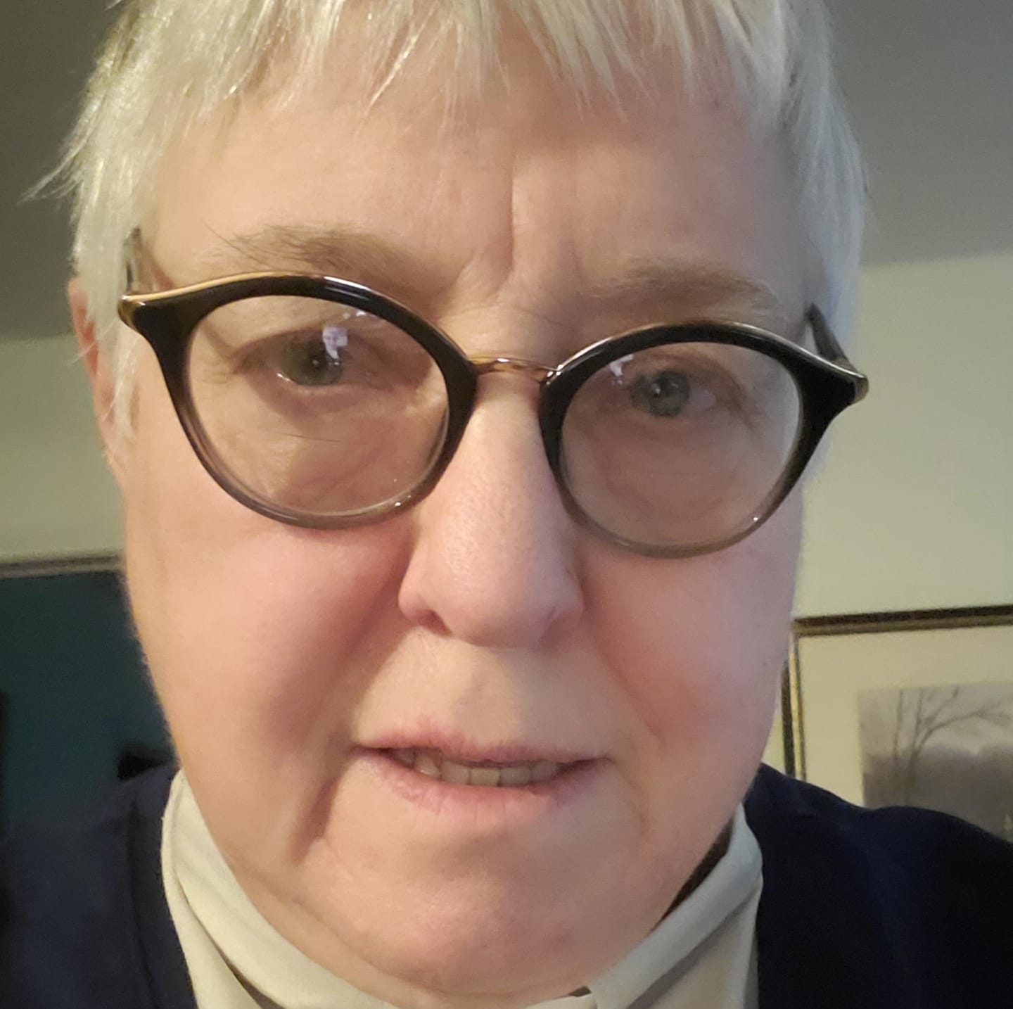 Close up photo of Linda, a white woman with white bangs, wearing brown circle-ish glasses.